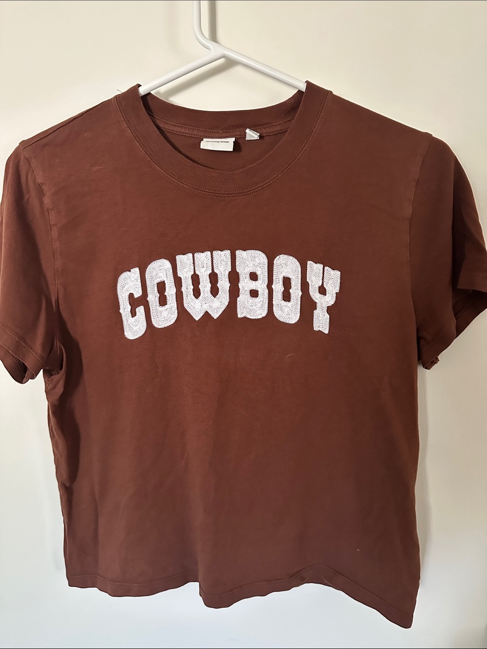 Sunday Best Brown Cropped Short Sleeve Tee with White 'COWBOY' Graphic